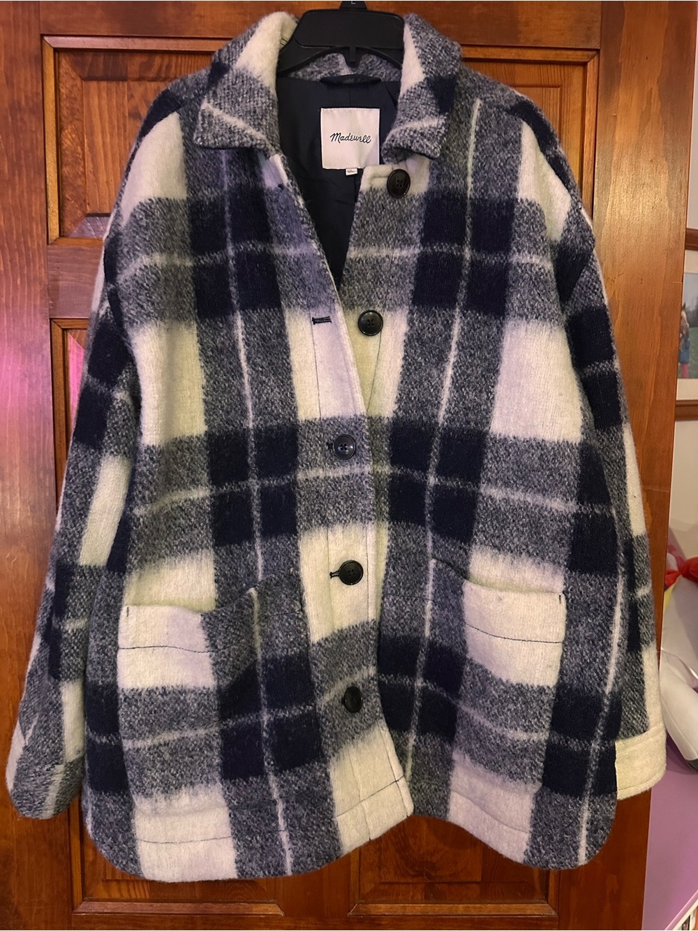 Madewell Navy and Cream Plaid Wool Shacket Jacket